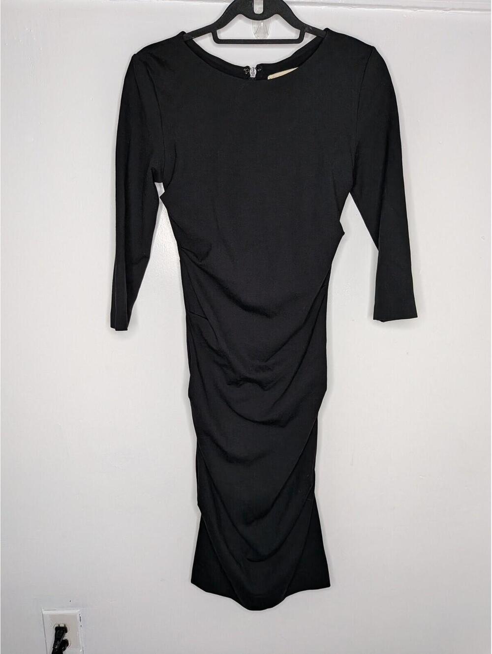 Artelier Nicole Miller Dress Womens M Black Ruched Bodycon Midi 3/4 Sleeve Knit